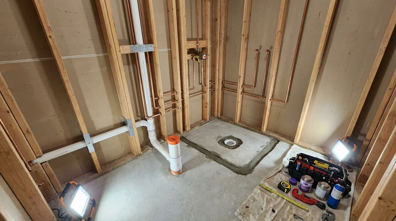 Bathroom rough-in plumbing during remodel by Johns Plumbing LLC in Galliano