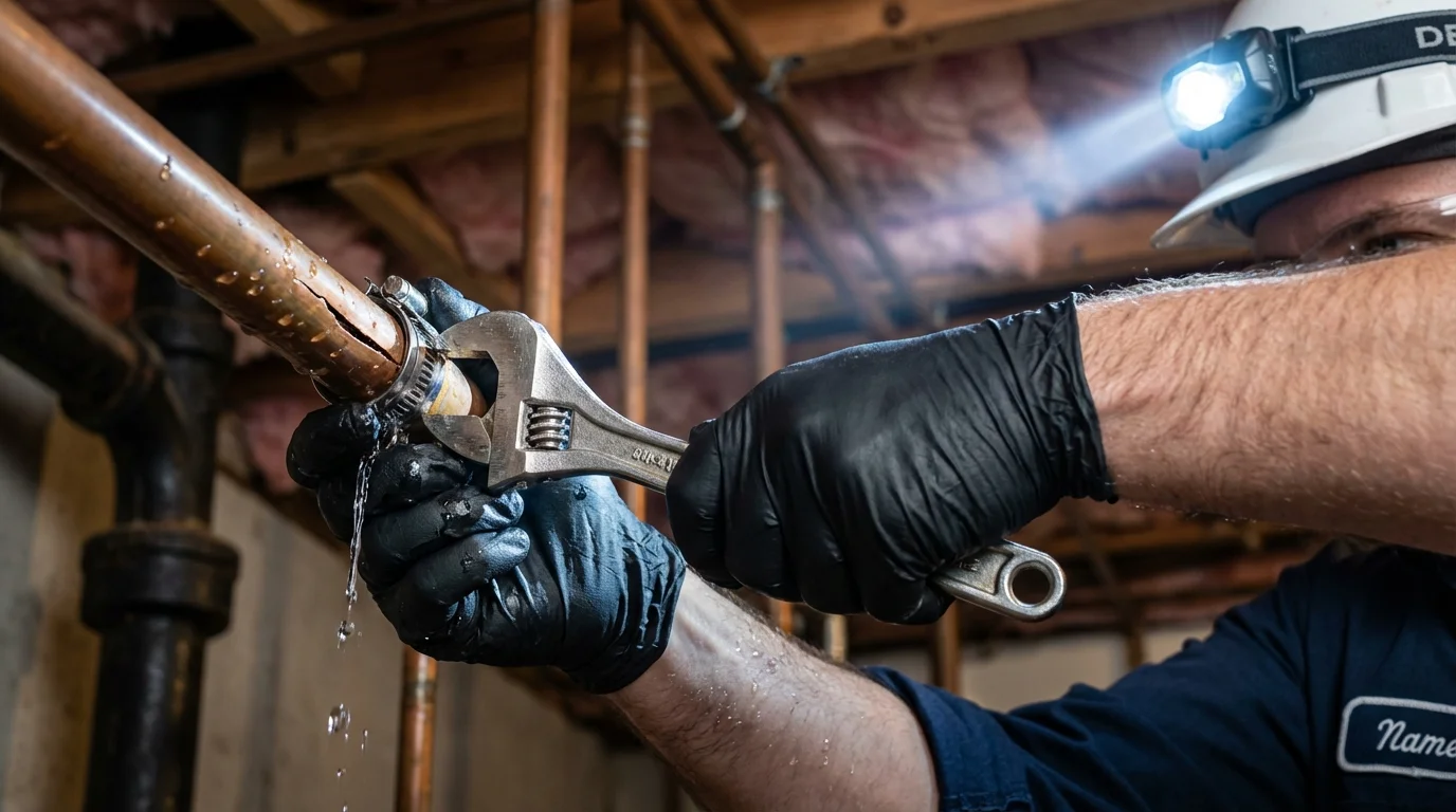 Emergency pipe clamp repair being performed by a Johns Plumbing LLC plumber in Galliano