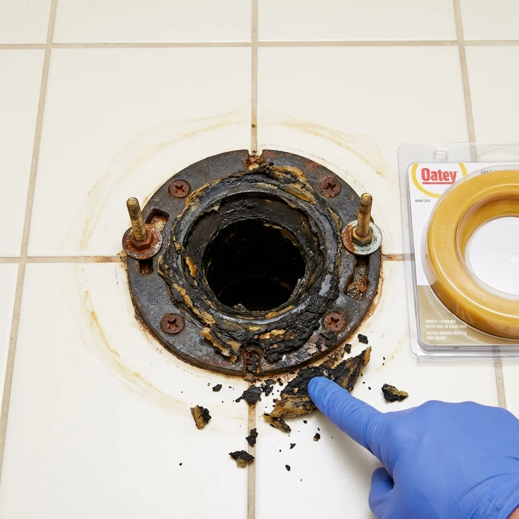 Failed wax ring showing water seepage at the base of a toilet in a Galliano, LA home