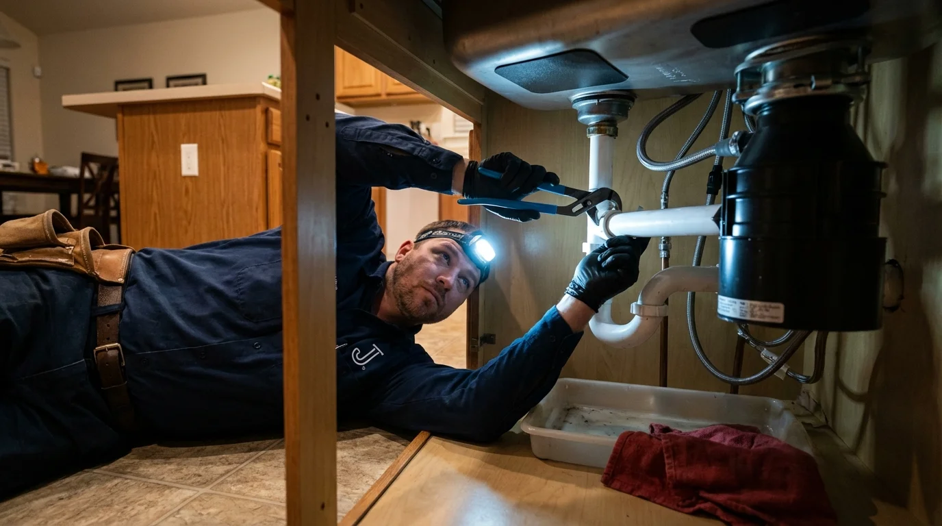 P-trap and supply line connections under a kitchen sink showing a common leak point in Galliano, LA